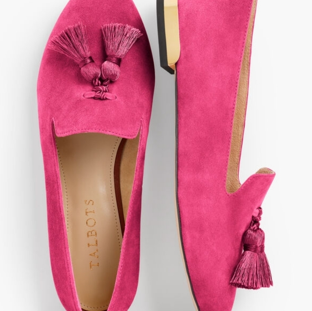 NWT Talbots Black Everson Kiltie Pink Suede Tassel Loafers 5.5M